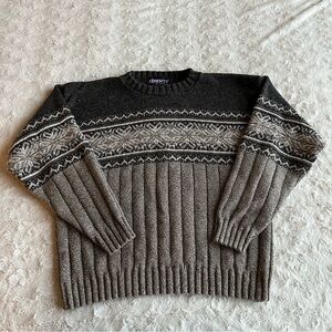 Vintage Fair Isle Sweater Pullover Mens Large Gray Grandpa Fisherman Knit Cotton